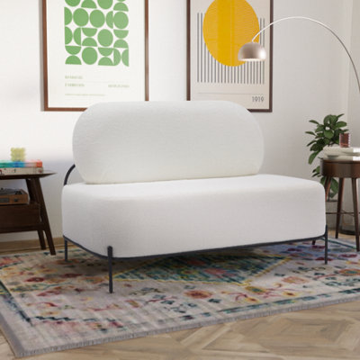 2 Seater Loveseat Small Sofa in White Teddy Boucle Fabric