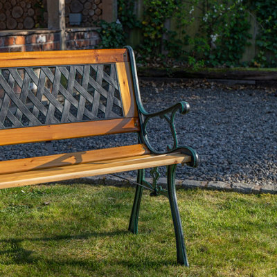 2 Seater Outdoor Wooden Cast Iron with Lattice Design Garden Patio Bench - 3