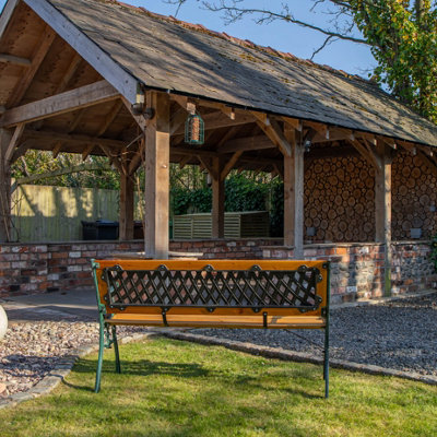 2 Seater Outdoor Wooden Cast Iron with Lattice Design Garden Patio Bench - 4