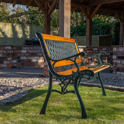 2 Seater Outdoor Wooden Cast Iron with Lattice Design Garden Patio Bench - 5