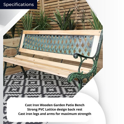 2 Seater Outdoor Wooden Cast Iron with Lattice Design Garden Patio Bench - 8