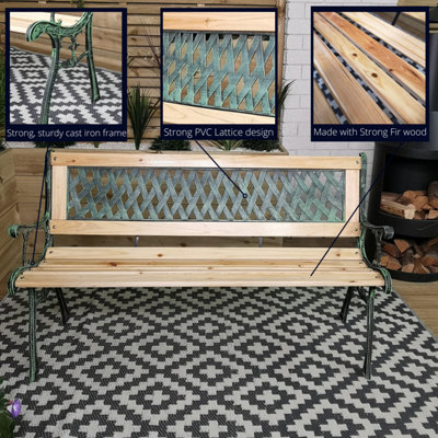 2 Seater Outdoor Wooden Cast Iron with Lattice Design Garden Patio Bench - 9