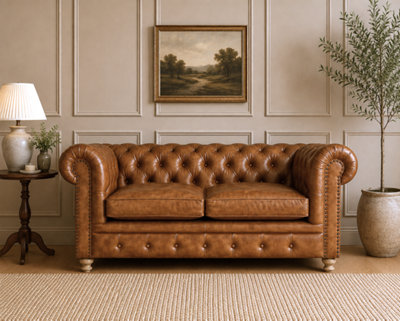 2 Seater Real Genuine Leather Chesterfield Sofa Brown Tan Hard Wood ...