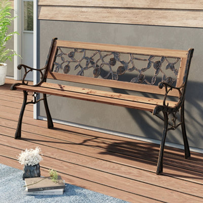 2 Seater Retro Rustproof Metal Wood Garden Patio Bench with Backrest