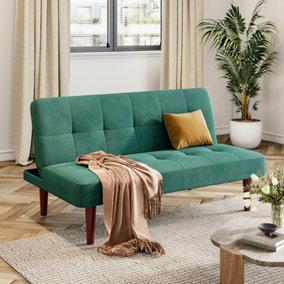 2 Seater Sofa Bed with Wooden Legs Padded Convertible Small Sofa Futon Sleeper Sofa Green