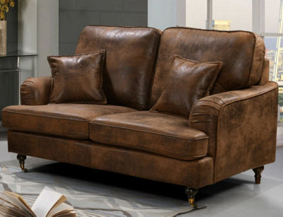 2 Seater Sofa in Faux Leather Suede Brown with Plain Cushions