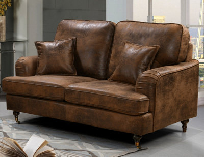 2 Seater Sofa in Faux Leather Suede Brown with Plain Cushions