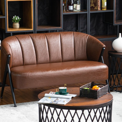 2 Seater Sofa Loveseat in Faux Leather Brown Fabric