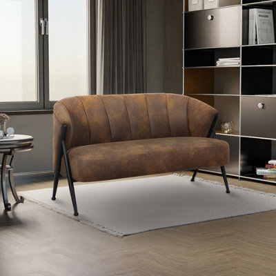 2 Seater Sofa Loveseat in Faux Leather Suede Brown Fabric