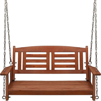 2 Seater Wooden Swing Porch Chair Garden Patio Bench With Hanging Chains Brown