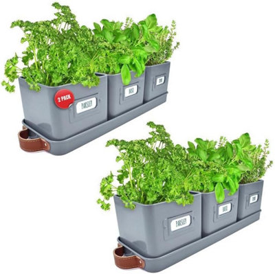 2 Set Charcoal Grey Indoor Herb Planter with Leather Handles - Steel Pots with Tray & Labels for Kitchen Windowsill & Home Gardens