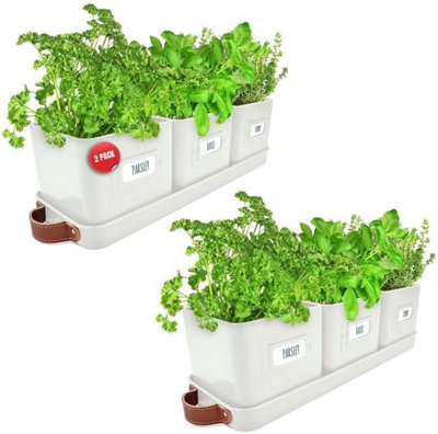 2 Set Indoor Herb Planter with Leather Handles - Warm Stone Steel Pots with Tray & Labels for Kitchen Windowsill & Home Gardens