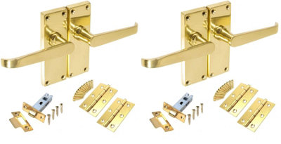 2 Set Victorian Straight Polished Brass Lever Latch Door Handles Sets with 2.5 " Latch and Standard Butt Hinges