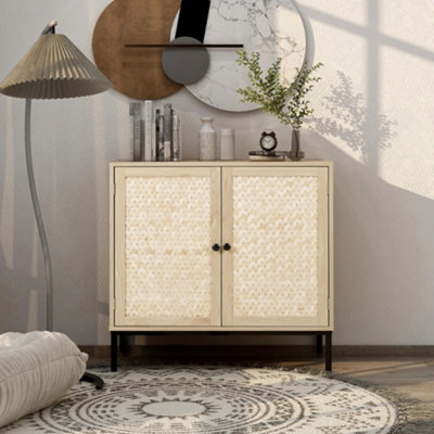 2 Shelves Rustic Sideboard for Living Room with Bamboo Woven