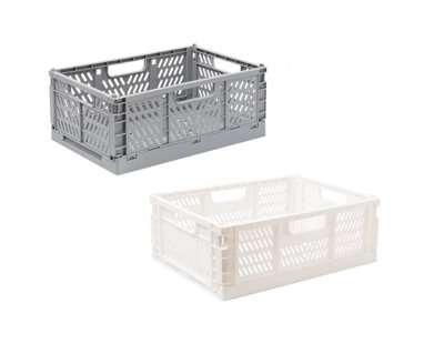 2 Small Folding Stackable Storage Crates Grey & Cream Storage Basket Desk Tidy