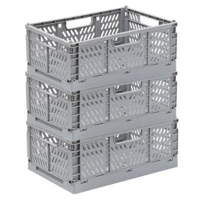 2 Small Folding Stackable Storage Crates Grey & Cream Storage Basket Desk Tidy