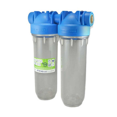 2 Stage 10" Inline Water Filter System Housing 1" Ports With Wall Bracket And Key