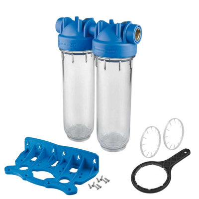2 Stage 10" Inline Water Filter System Housing 3/4" Ports With Wall Bracket And Key