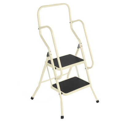 2 Step Safety Stepladder - Foldable Non-Slip Tread Ladder with Safety Handrails - Cream, Measures H106 x W55 x D55cm Open