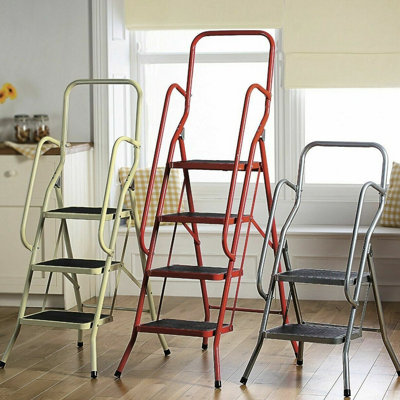 2 Step Safety Stepladder - Foldable Non-Slip Tread Ladder with Safety Handrails - Cream, Measures H106 x W55 x D55cm Open