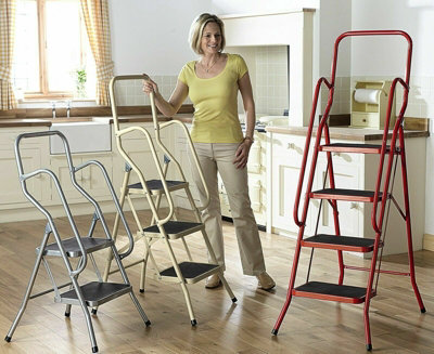 2 Step Safety Stepladder - Foldable Non-Slip Tread Ladder with Safety Handrails - Cream, Measures H106 x W55 x D55cm Open