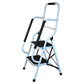 2 Step Safety Stepladder - White Foldable Ladder with Wide Non-Slip Treads, Safety Handrail & Rubber Ferrules - H110 x W48 x D46cm