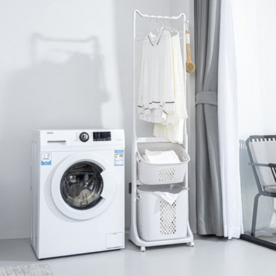 2-Tier ABS Plastic Rolling Laundry Baskets Freestanding with Hanging Rack