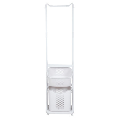 2-Tier ABS Plastic Rolling Laundry Baskets Freestanding with Hanging Rack