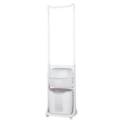 2-Tier ABS Plastic Rolling Laundry Baskets Freestanding with Hanging Rack