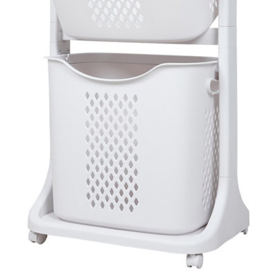 2-Tier ABS Plastic Rolling Laundry Baskets Freestanding with Hanging Rack