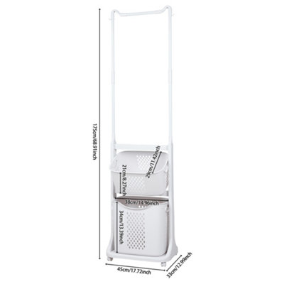 2-Tier ABS Plastic Rolling Laundry Baskets Freestanding with Hanging Rack