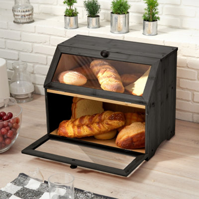 2-Tier Black Countertop Bread Box with Transparent Windows, 39cm(W) x ...
