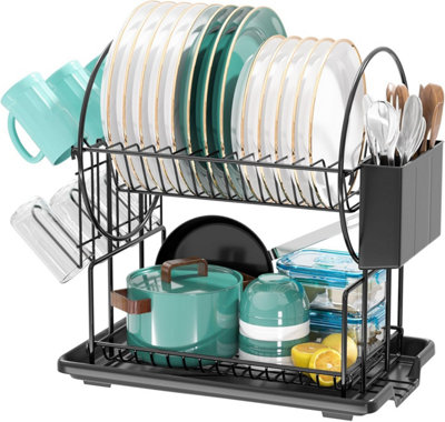 2 Tier Black Dish Drainer Rack Drip Tray, 40cm Stainless Steel Draining ...