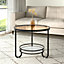 2 Tier Black Round Glass Coffee Table Bedside Table End Table with Slate Storage Shelf D 605 mm