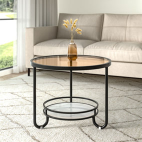 2 Tier Black Round Glass Coffee Table Bedside Table End Table with Slate Storage Shelf D 605 mm