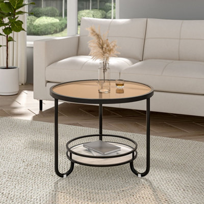 2 Tier Black Round Glass Coffee Table Bedside Table End Table with Slate Storage Shelf D 605 mm