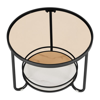 2 Tier Black Round Glass Coffee Table Bedside Table End Table with Slate Storage Shelf D 605 mm