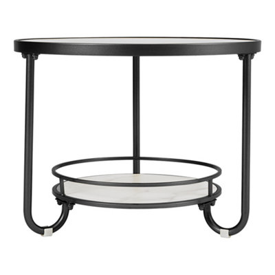 2 Tier Black Round Glass Coffee Table Bedside Table End Table with Slate Storage Shelf D 605 mm