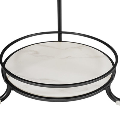 2 Tier Black Round Glass Coffee Table Bedside Table End Table with Slate Storage Shelf D 605 mm