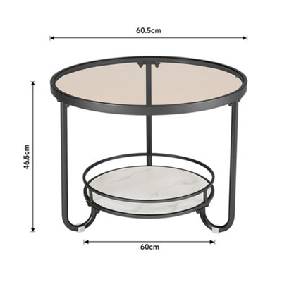 2 Tier Black Round Glass Coffee Table Bedside Table End Table with Slate Storage Shelf D 605 mm
