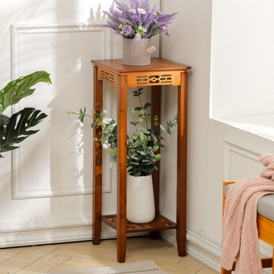 2 Tier Brown Bamboo Slim and Tall Plant Flower Stand Classic Chinese Style Side Table