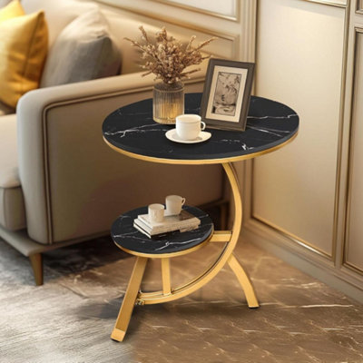 2 Tier C Shaped Round Sintered Stone/Metal End Coffee Sofa Side Centre ...