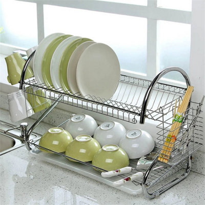 2 Tier Chrome Kitchen Drying Rack NEW Dishes Plates Bowls Mugs Cutlery
