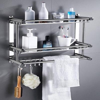 2 Tier Chrome Wall Mounted Stainless Steel Bathroom Shelf Towel Rail with Towel Bar Rod Hooks DIY at B Q