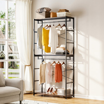 2 Tier Clothing Rack With 3 Storage Shelves Black Metal Frame Brown ...