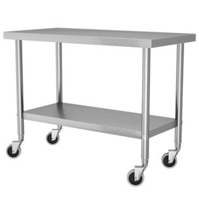 2 Tier Commercial Stainless Steel Kitchen Prep and Work Table Catering Bench with 4 Wheels 120cm