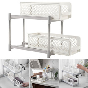 2 Tier Corner Bathroom Storage Basket Kitchen Cupboard Extendable Drawer Shower Shelf Tabletop Organizer