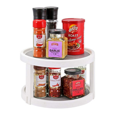 2 Tier Corner Spice Rack for Cabinets Worktop Condiments Oils Spices - Non Slip Base - Made Of Durable Plastic - Drawer Cutlery