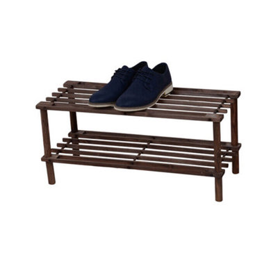 2 Tier Dark Oak Wooden Shoe Rack Footwear Storage Organiser Unit Multi Purpose Slated Shelf Dvd Books Space Efficient
