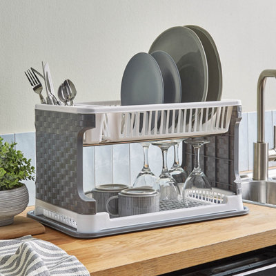 2-Tier Dish Drainer, Draining Rack - 12 Plates, Cutlery Holder, Double Decker, Removeable Drip Tray, H29 xW33 xL49cm